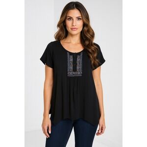 Unity Top Womens 1X Black Floral Embroidered Asymmetric Boho Flowy Artsy Tunic